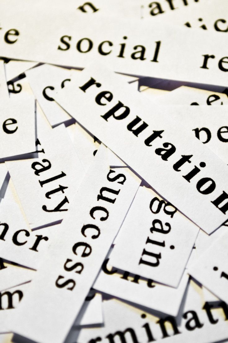 Cut-out paper words including reputation, social and success