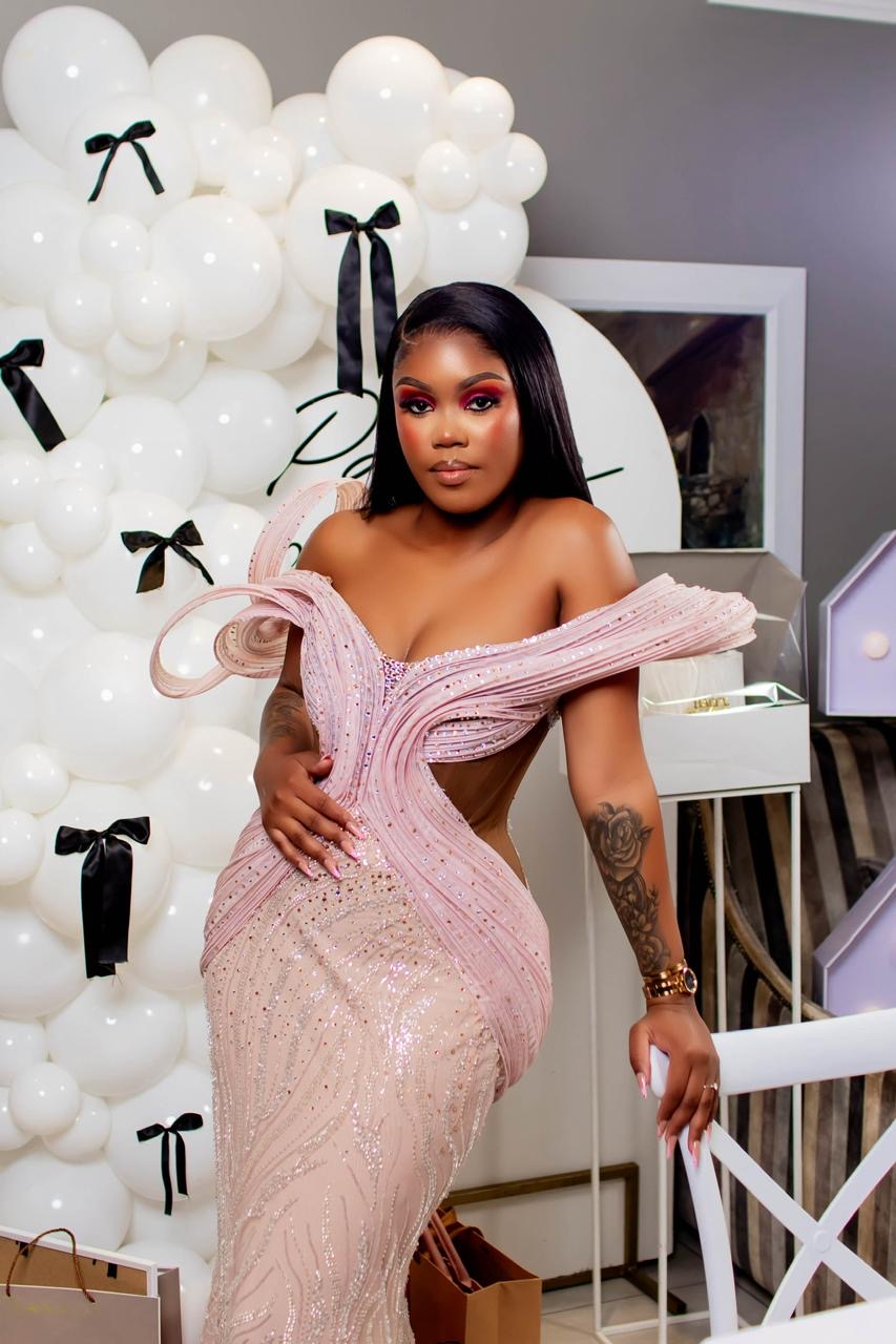 Blush ribbon gown styled for a matric dance